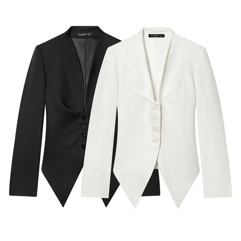 Blazer da Donna Senza Collo Scollo a V Profondo Orlo Asimmetrico Giacca Slim Fit Manica Lunga Con Fiocco Posteriore Cappotto