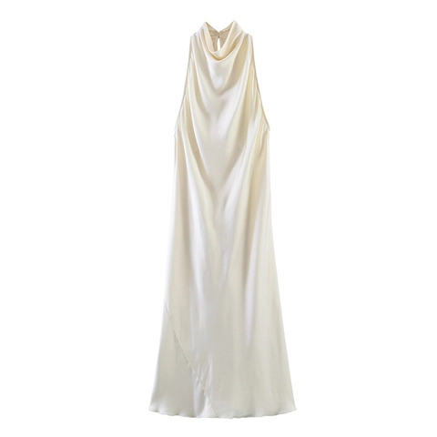 Vestido Midi de Satén Elegante para Mujer Cuello Halter Desbocado Espalda al Aire Sin Mangas Color Sólido Blanco Marfil para Fiesta