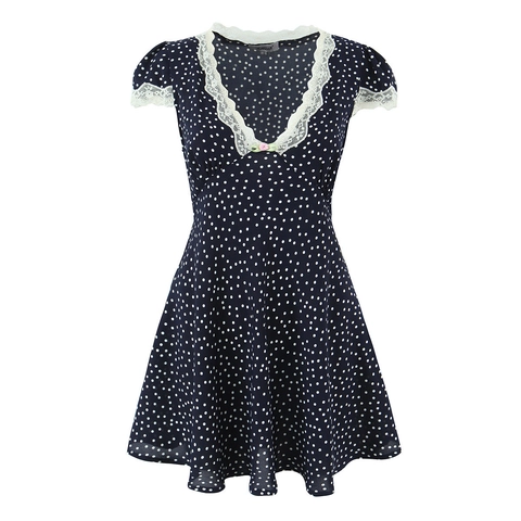 Dames Vintage Polka Dot V-hals Mini-jurk Witte Kantafwerking Strik Marineblauw Korte Mouw A-Lijn Casual Zoete Zomerjurk