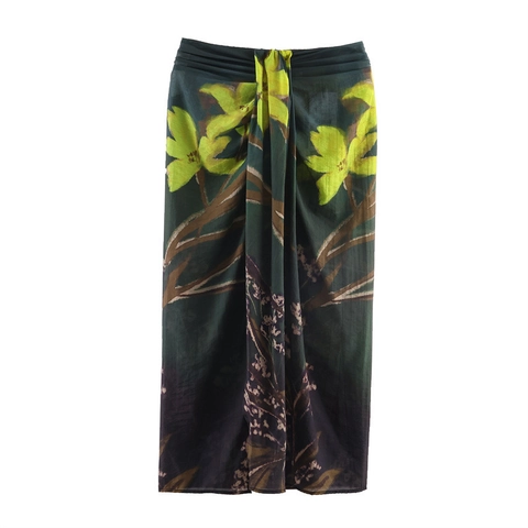 Damen Vintage Elegant Lilie Blumendruck Wickel Midi Rock Knoten Detail Gradient Dunkelgrün Sommerurlaub Sarong Rock