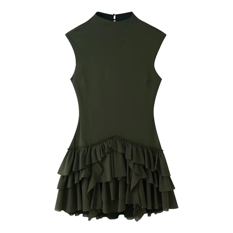Women Sexy Mock Neck Sleeveless Tiered Ruffle Mini Dress Elegant Solid Color Olive Green Slim Fit Party Nightclub Wear Dress