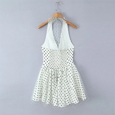 Vrouwen Sexy Polka Dot Mesh Halter Strik Jurk Retro Slim Fit Mouwloos A-Lijn Tule Gelaagde Mini Party Jurk