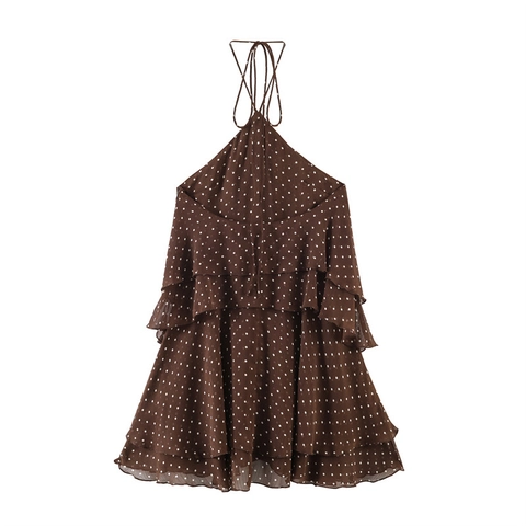 Sexy Gestippelde Halterjurk Voor Dames Gelaagde Ruches Rugvrij Chiffon Stijl Mouwloze Midi Jurk Elegante Zomerfeest Outfit