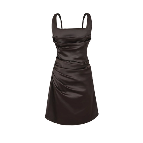 Women Sexy Ruched Satin Mini Dress Square Neck Adjustable Straps Corset Back Solid Color Elegant Party Bodycon Dress