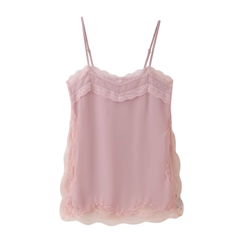Women Sexy Satin Camisole Lace Trim V-Neck Spaghetti Strap Tank Top Sleeveless Casual Summer Vest
