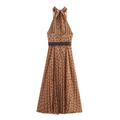 Robe Midi Plissée à Pois Marron Vintage Pour Femmes Sexy Col Halter Sans Manches Robe en Mousseline de Soie Avec Ceinture