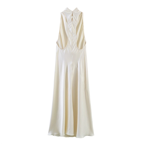 Vestido Midi de Satén Elegante para Mujer Cuello Halter Desbocado Espalda al Aire Sin Mangas Color Sólido Blanco Marfil para Fiesta