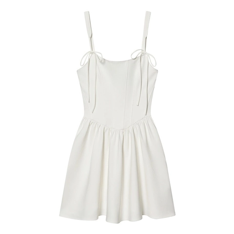 Robe Courte Sexy Blanche Pour Femmes Avec Bretelles à Nœud Coupe Slim Style Corset Plissée Ligne A Sans Manches