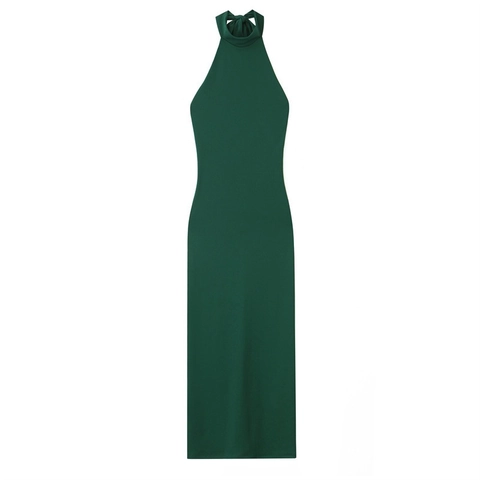 Damen Sexy Neckholder Rückenfrei Gerafft Dunkelgrün Midi Kleid Elegant Schleife Ärmellos Party Abend Bodycon Kleid
