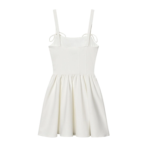 Robe Courte Sexy Blanche Pour Femmes Avec Bretelles à Nœud Coupe Slim Style Corset Plissée Ligne A Sans Manches