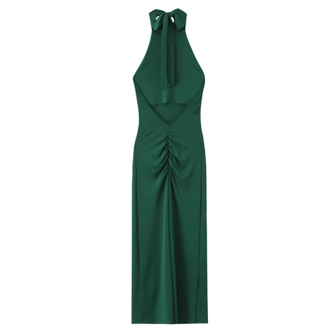 Damen Sexy Neckholder Rückenfrei Gerafft Dunkelgrün Midi Kleid Elegant Schleife Ärmellos Party Abend Bodycon Kleid