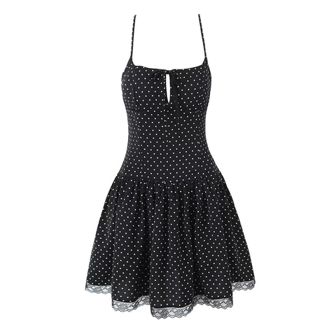 Women Sexy Polka Dot Lace Bow Mini Dress Backless Spaghetti Strap Slim Fit Summer Party Dress Vintage Splicing Dress