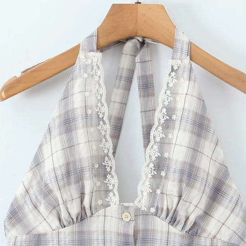Γυναικείο Vintage Καρό Halter Mini Φόρεμα Δαντέλα Patchwork Εξώπλατο Μονόπετο με Κουμπιά Γραμμή Α Βαμβακερό Καλοκαιρινό Φόρεμα