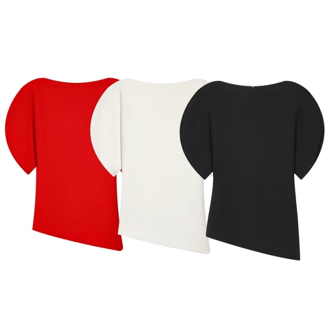 Women's Fashion Asymmetrical Hem Puff Sleeve Top Solid Color Slim Fit Short Sleeve Polyester Blouse Elegant Commuter Wear