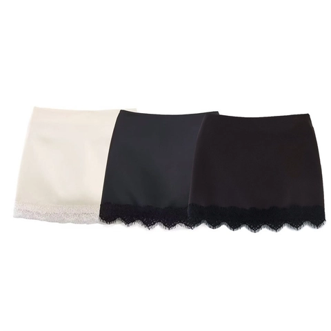 Damen Sexy Satin Hosenrock Shorts Spitzensaum Hohe Taille Mini Skort Schlitz Design Kurze Hosen Für Party Club Alltag