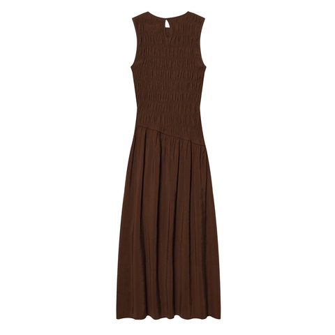 Women Sexy Smocked Maxi Dress Sleeveless Round Neck Keyhole Back Asymmetrical Waist Solid Color Flowy Long Party Dress