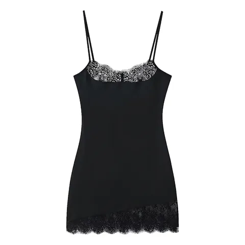 Dames Zwart Satijn Camisole Jurk Met Wimperkant V-Hals Mouwloos Slim Fit Mini Slip Jurk Zomer Feestkleding