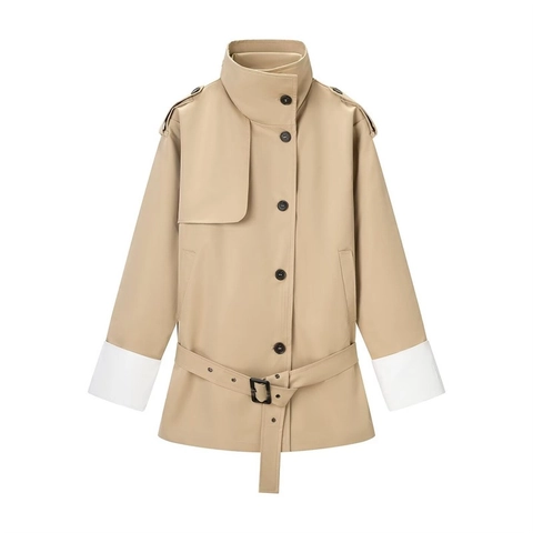 Elegant Khaki Contrast White Cuffs Mid-Length Trench Coat With Belt Epaulettes Wool Blend Stand Collar Women Outerwear