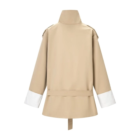 Elegant Khaki Contrast White Cuffs Mid-Length Trench Coat With Belt Epaulettes Wool Blend Stand Collar Women Outerwear