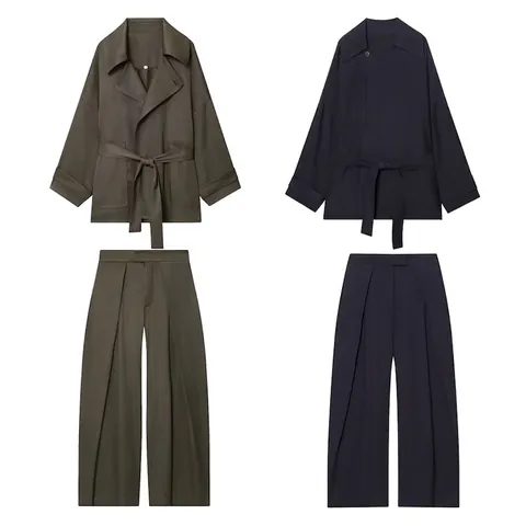 Women Elegant Blazer And Wide Leg Pants Two Piece Set Minimalist Solid Color Belted Lapel Jacket Commuter Outfit