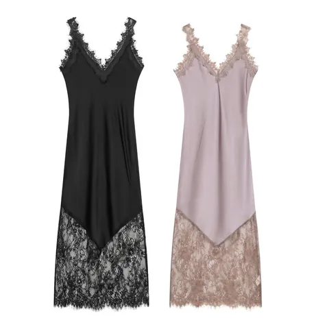 Women Sexy Satin Slip Maxi Dress With Eyelash Lace V-Neck Sleeveless Slim Fit Summer Party Streetwear Fashion Long Dress