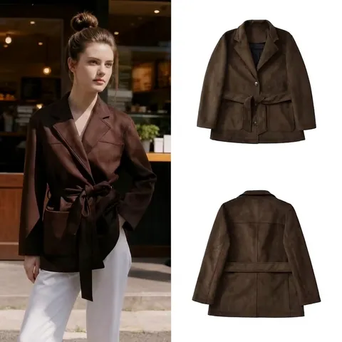 Chaqueta Americana Elegante de Antelina para Mujer Con Cinturón Media Pierna Vintage Chaqueta de Antelina Botonadura Sencilla