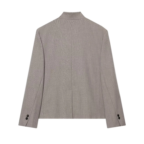Women Fashion Asymmetric High Neck Blazer Jacket Casual Stand Collar Single Breasted Long Sleeve Solid Color Polyester Top