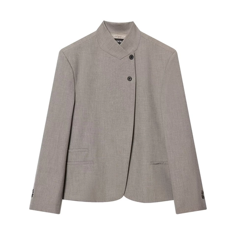 Women Fashion Asymmetric High Neck Blazer Jacket Casual Stand Collar Single Breasted Long Sleeve Solid Color Polyester Top
