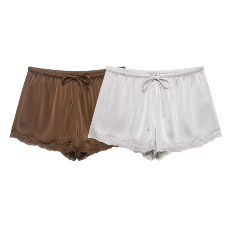 Women Satin Pajama Shorts With Lace Trim Elastic Waist Bow Casual Sleepwear Home Bottoms Satin Shorts For Women