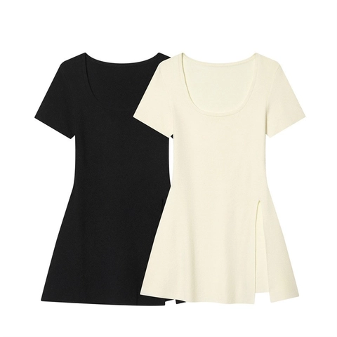 Vestido Mini de Punto con Abertura Lateral para Mujer Cuello Redondo Manga Corta Color Sólido Corte Ajustado