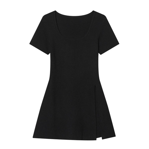 Vestido Mini de Punto con Abertura Lateral para Mujer Cuello Redondo Manga Corta Color Sólido Corte Ajustado