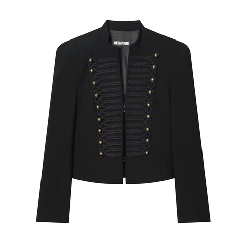 Chaqueta Corta de Estilo Militar para Mujer Botón Dorado Cierre Trenzado Cuello Alzado Vintage Elegante Ropa de Abrigo Negra