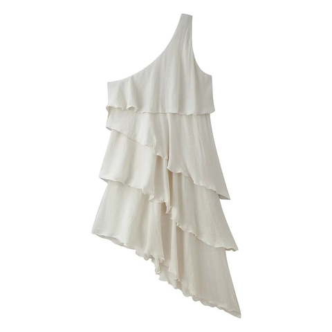 Dames Sexy One Shoulder Midi Jurk Met Gelaagde Ruffles En Asymmetrische Zoom Elegante Ivoor Satijnen Party Jurk