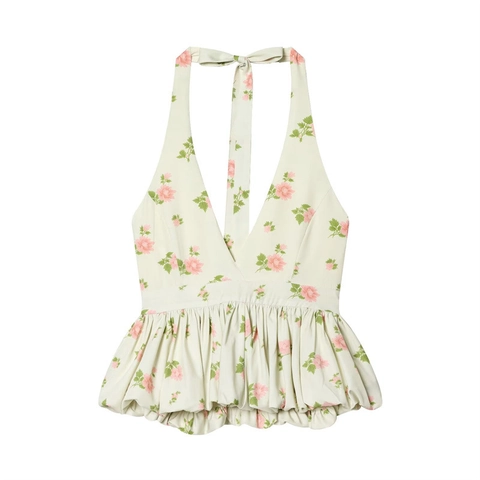 Damen Sexy Tiefer V-Ausschnitt Neckholder Top Schößchen Saum Rückenfrei Polka Dot Blumig Ärmelloses Unterhemd Sommer Shirt