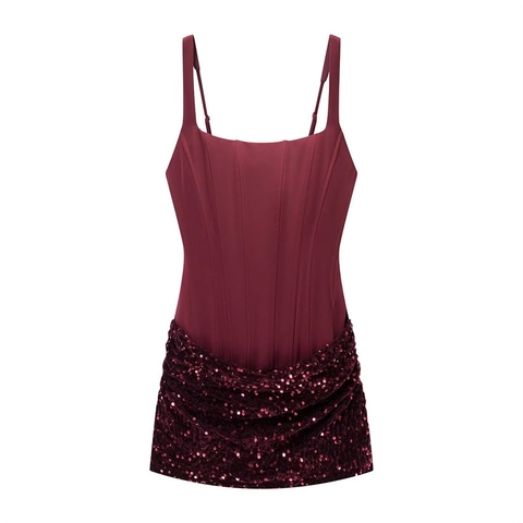 Dames Sexy Pailletten Patchwork Camisole Mini Jurk Korset Stijl Rugvrij Vetersluiting Slim Fit Party Nachtclub Bodycon Jurk