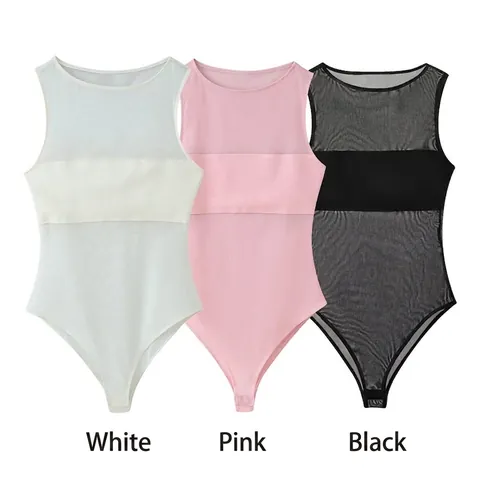 Body Donna Sexy in Rete Patchwork Senza Maniche Girocollo Trasparente Clubwear Pezzo Unico Top Slim Fit