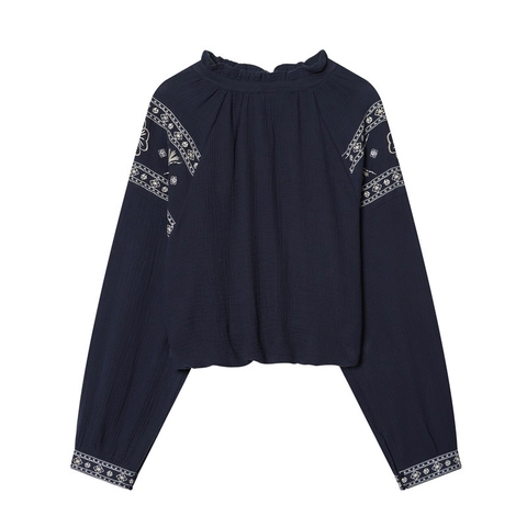 Damen Marineblau Bestickte Bluse Baumwollmischung Rüschenkragen Langarm Locker Boho Lässiges Top Damen