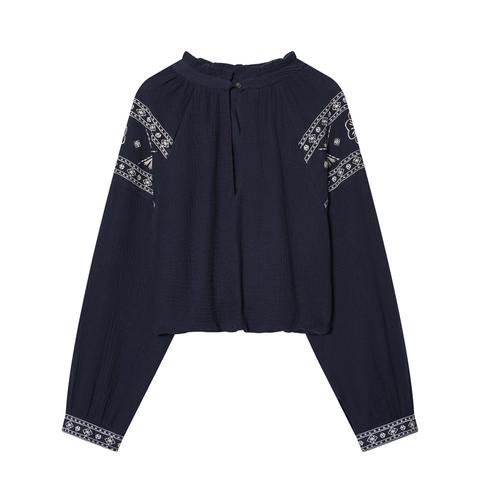 Damen Marineblau Bestickte Bluse Baumwollmischung Rüschenkragen Langarm Locker Boho Lässiges Top Damen