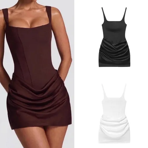 Women Sexy French Style Square Neck Sleeveless Corset Ruched Bodycon Mini Dress Lace Up Back Solid Color Club Party Vest Dress