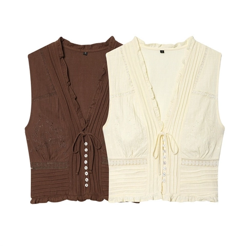 Women Retro Sleeveless Embroidery Tank Top V Neck Tie Front Lace Ruffle Cotton Blend Vintage Casual Summer Blouse Vest