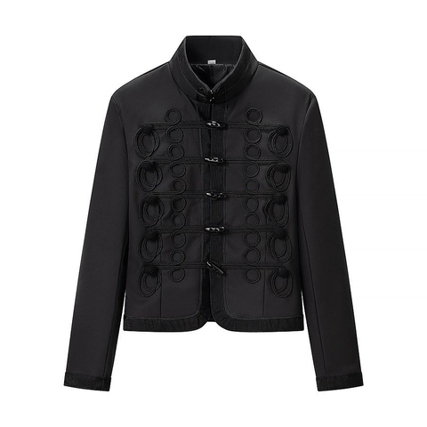 Damen Neo Chinesischer Stil Schwarz Stehkragen Kurzjacke Militär Hussar Geflochtener Knebelverschluss Slim Fit Kurzmantel Streetwear