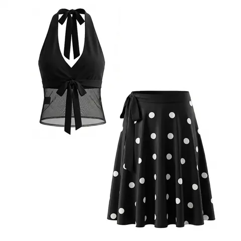 Damen Vintage Polka Dot Zweiteiler Set Halter V-Ausschnitt Schleife Netz Spleißen Top Und A-Linien-Midi-Rock Set Party Sommer Outfit