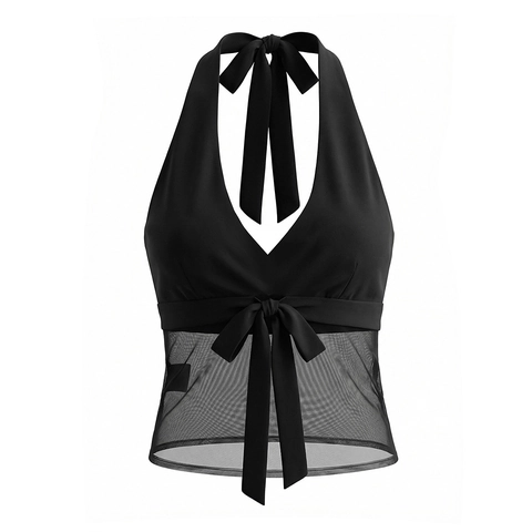 Damen Vintage Polka Dot Zweiteiler Set Halter V-Ausschnitt Schleife Netz Spleißen Top Und A-Linien-Midi-Rock Set Party Sommer Outfit