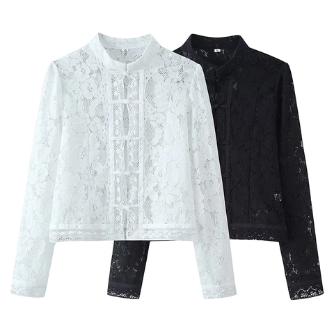 Elegant Lace Blouse Top Long Sleeve Stand Collar Frog Button Vintage Slim Fit Hollow Out Floral Shirt Women White Black