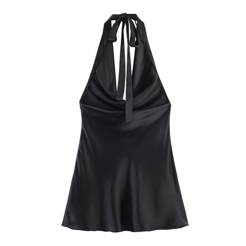 Dames Sexy Rugloos Halter Neck Satijnen Jurk Elegant Watervalhals Slim Fit Mini Partyjurk Voor Uitgaan Clubwear