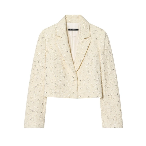 Chaqueta Blazer de Tweed Elegante para Mujer con Lentejuelas y Perlas Artificiales Ajuste Ceñido Manga Larga Blanco Crema Estilo Vintage