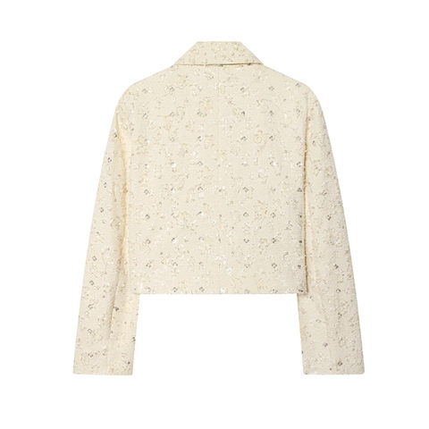 Chaqueta Blazer de Tweed Elegante para Mujer con Lentejuelas y Perlas Artificiales Ajuste Ceñido Manga Larga Blanco Crema Estilo Vintage