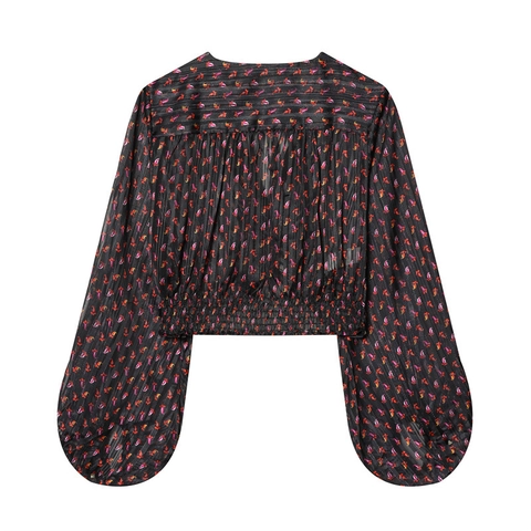 Damen Vintage Blumen V-Ausschnitt Verdrehter Knoten Crop Top Lang Laternenärmel Gesmokter Saum Polyester Lässig Böhmisch Bluse