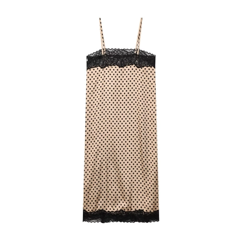Dames Vintage Polka Dot Satijn Midi Jurk Met Zwart Kant Trim Split Zoom Elegant Mouwloos Zomer Feestjurk