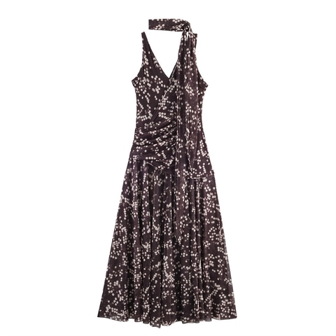 Dames Sexy Polka Dot Mesh Maxi Jurk V-hals Mouwloos Geplooid Rugvrij Lange Avondjurk Met Bijpassende Sjaal Donkere Koffie
